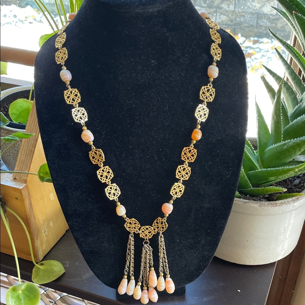 Vintage Lampwork Beads On Tassel Gold Tone Necklace 16”‎